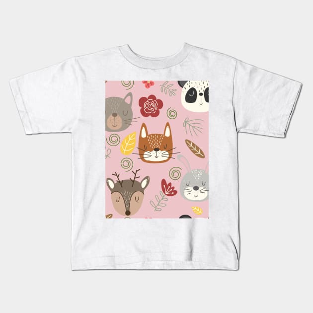 Woodland animals kids pattern pink background Kids T-Shirt by Arch4Design